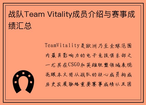 战队Team Vitality成员介绍与赛事成绩汇总